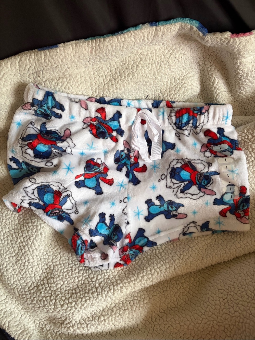 Disney White Fleece Shorts with Blue & Red Stitch Print
